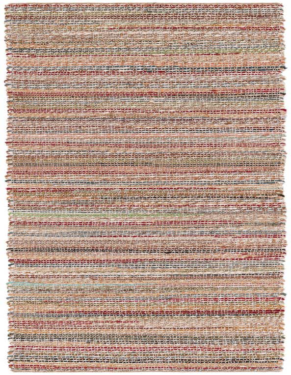 A multi-colored 8 ft runner rug made of jute and cotton, featuring horizontal stripes in various natural and vibrant hues, perfect for a hallway or kitchen.