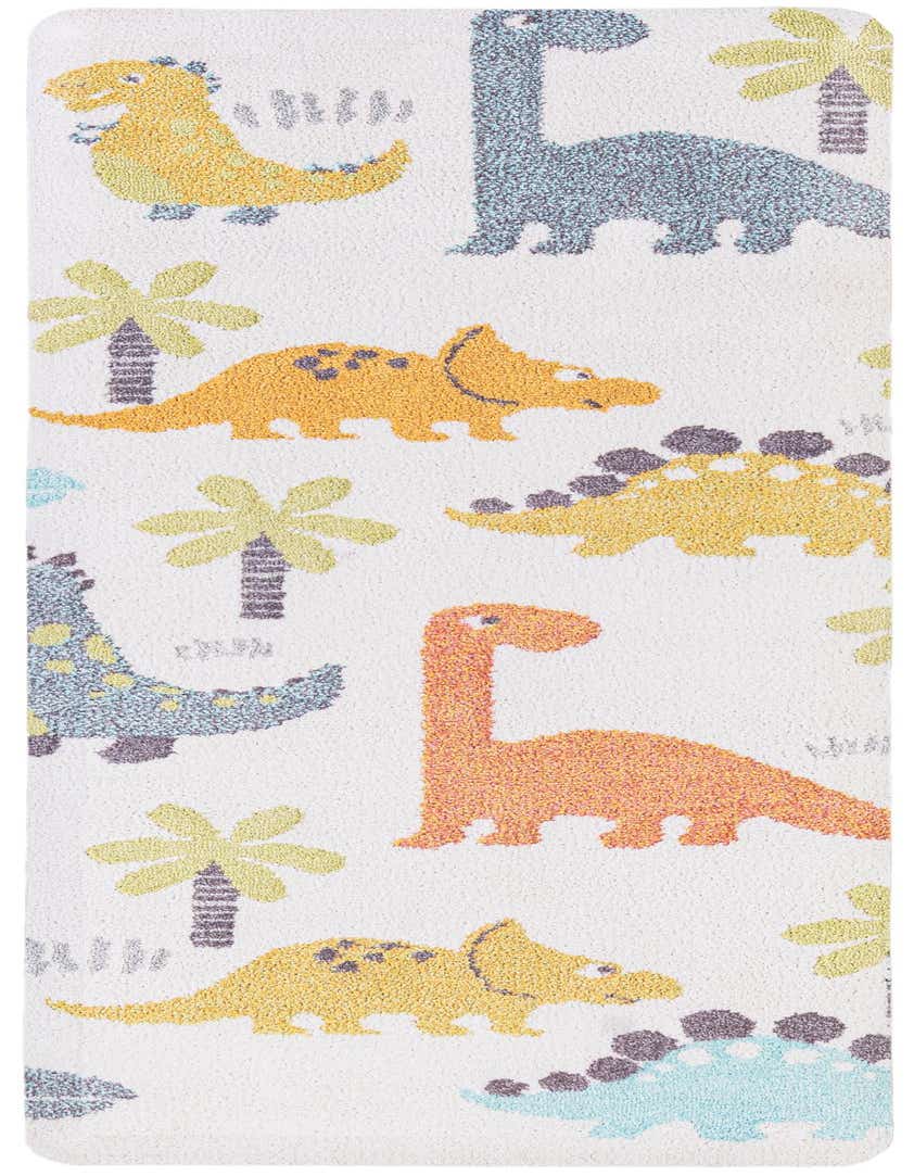 A white 5 ft runner rug featuring colorful cartoon dinosaurs and palm trees in yellow, orange, and blue hues.