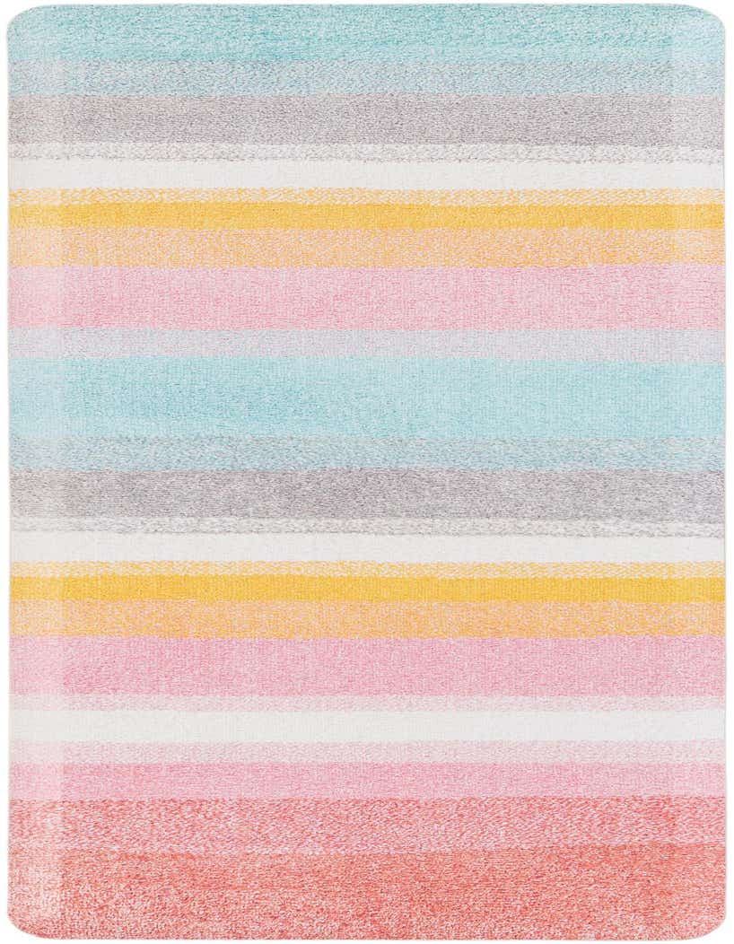 A 5 ft runner rug with modern stripes in various colors, including teal, gray, white, yellow, pink, and coral.