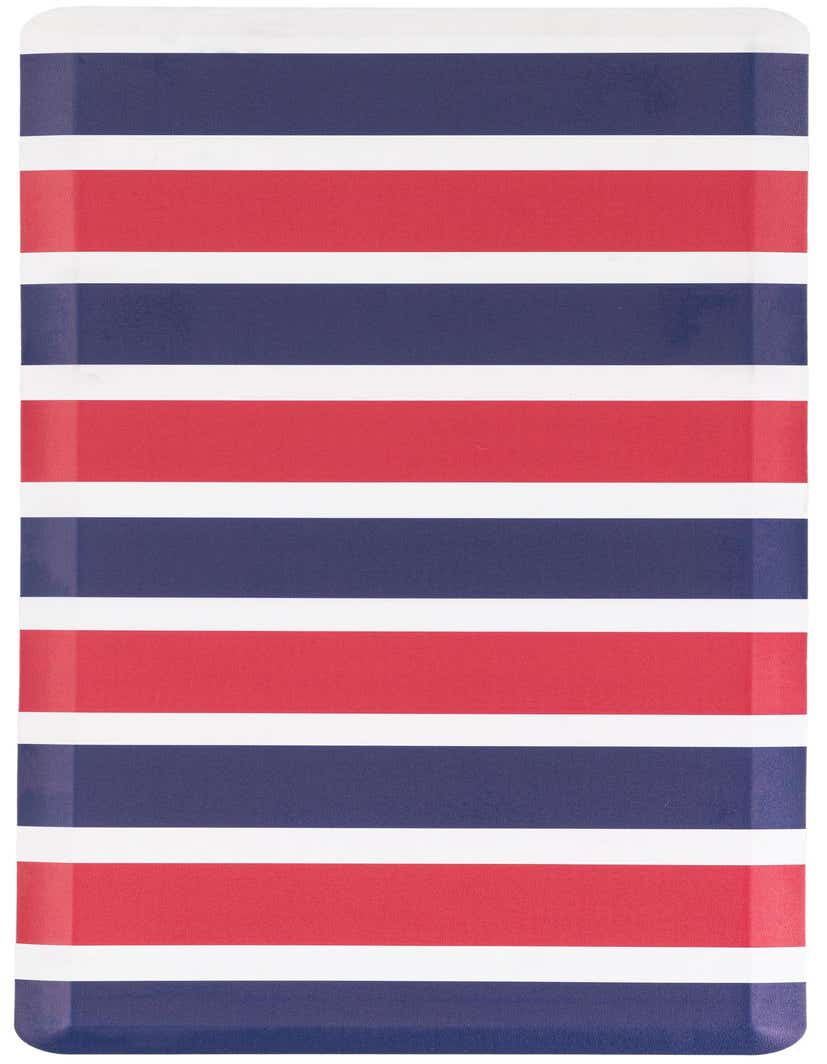 A 5 ft runner rug with bold horizontal stripes in navy blue, red, and white, perfect for a hallway.