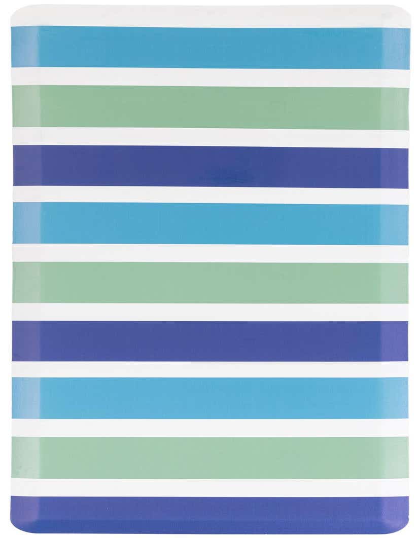 A 5 ft runner rug with bold horizontal stripes in shades of blue, green, and white, perfect for a hallway.