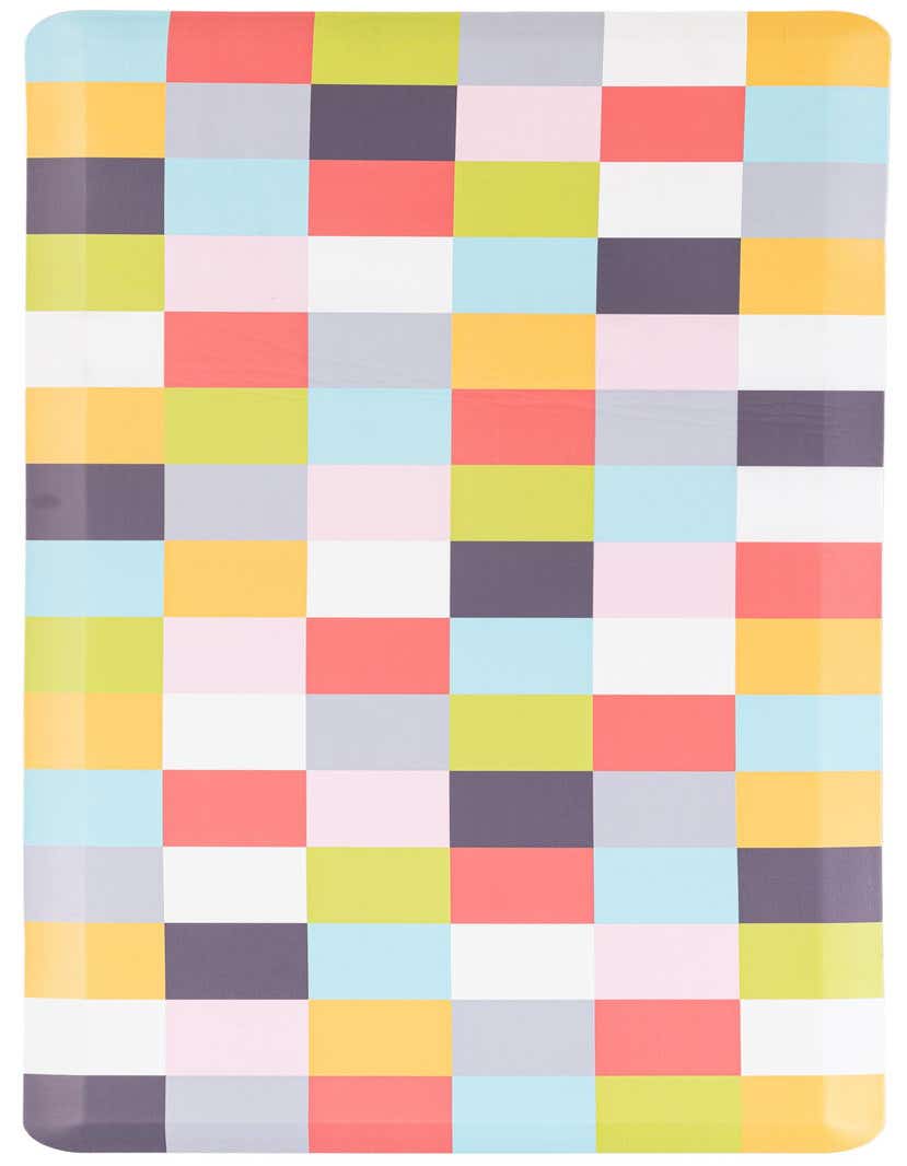 A 5 ft runner rug with a modern multi-colored checkered pattern, featuring squares of red, blue, green, yellow, pink, gray, and white.