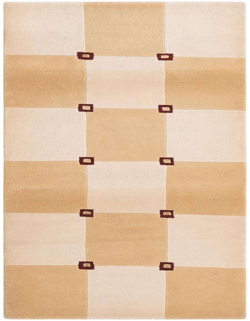 A 6 ft runner rug with a modern geometric pattern in alternating beige, cream, and brown squares, accented with small dark brown square outlines.