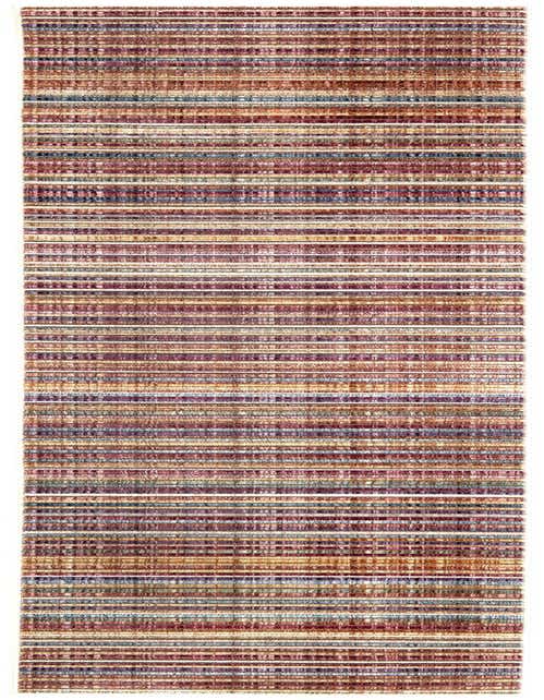 A multi-colored 8 ft runner rug with horizontal stripes in various shades of brown, purple, blue, and cream, ideal for a hallway.