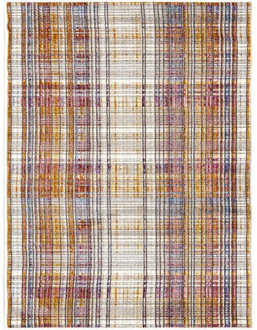 A multi-colored 8 ft runner rug with a plaid-like pattern, featuring shades of orange, purple, blue, and white, ideal for a hallway.