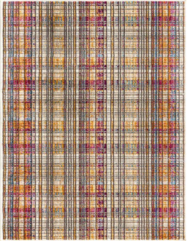 A multi-colored 6 ft runner rug with a vibrant plaid pattern, featuring shades of orange, purple, blue, and cream, ideal for a hallway.