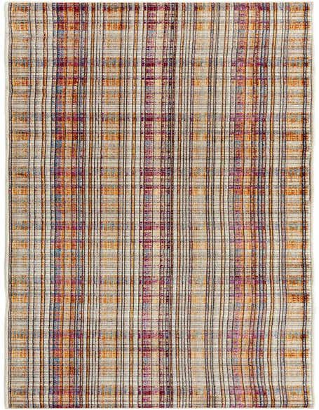 A 12 Ft runner rug with a multi-colored plaid pattern, featuring shades of orange, purple, blue, and black lines over a cream background.