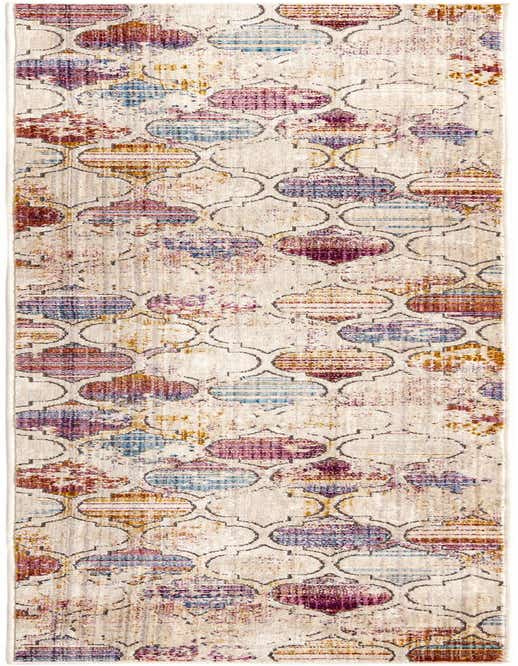 A multi-colored 8 ft runner rug with an abstract medallion pattern in shades of purple, blue, and gold on a cream background.