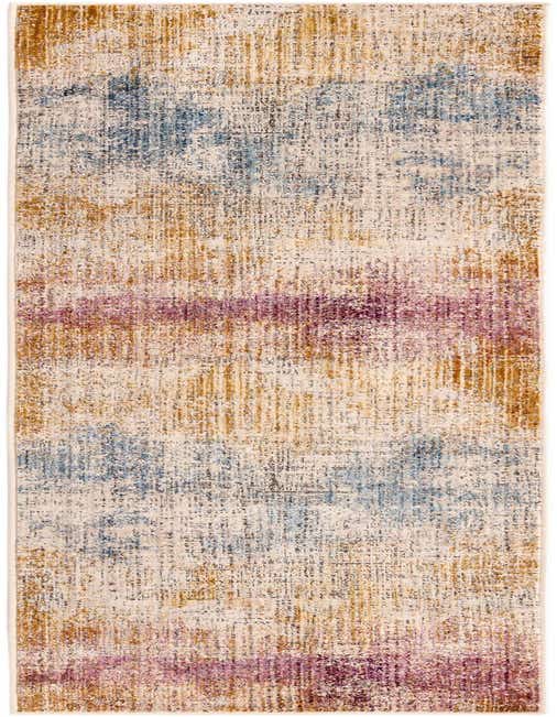 A multi-colored 8 ft runner rug with an abstract, distressed pattern featuring shades of blue, gold, and purple on a light background, perfect for a hallway.