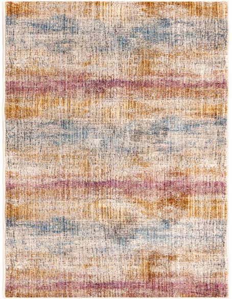 A 12 ft runner rug with an abstract, multi-colored pattern in shades of blue, gold, and purple, suitable for a hallway.
