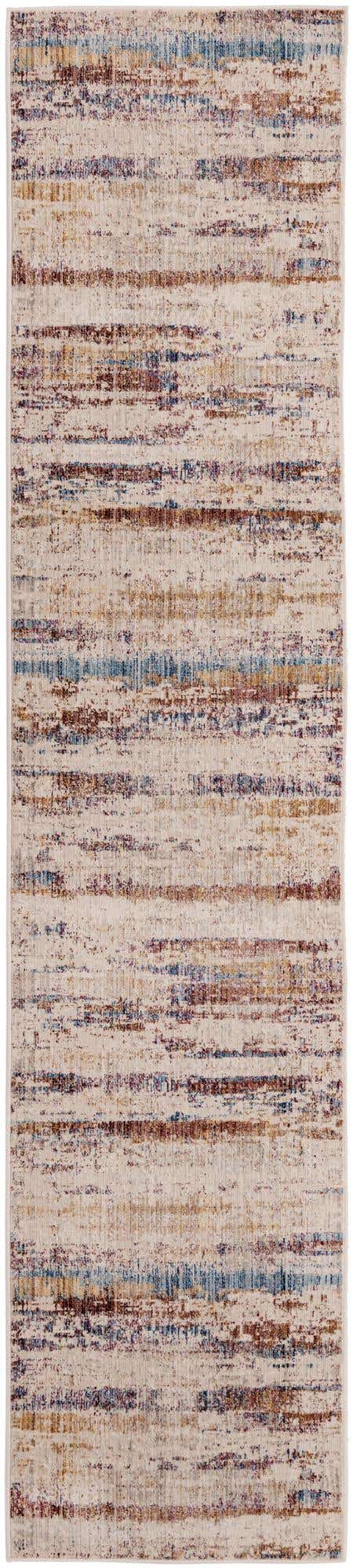 A 12 Ft runner rug with a multi-colored abstract pattern featuring hues of blue, brown, and gold on a light background, suitable for a hallway.