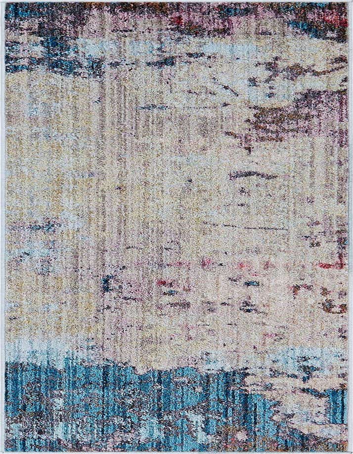 A 6 ft runner rug from the Downtown collection by Rugs.com, featuring an abstract, multi-colored pattern with dominant beige, blue, and hints of pink and purple, suitable for a hallway.