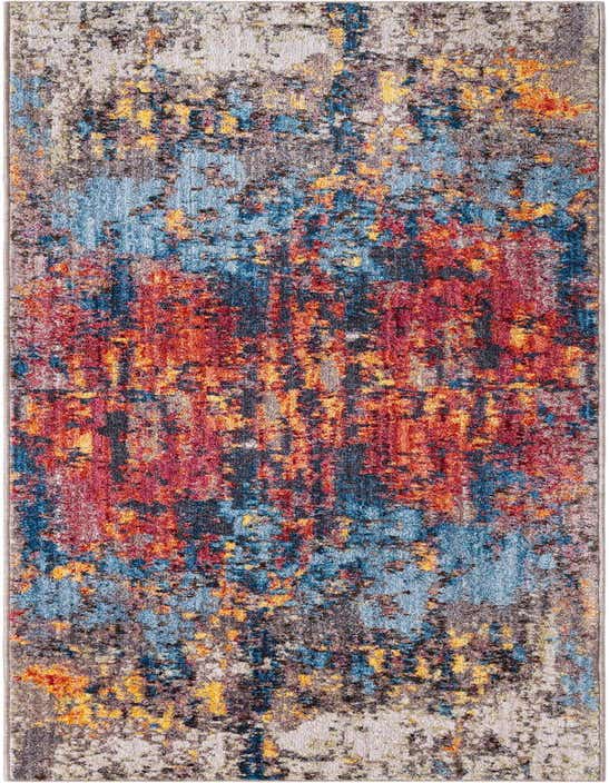 A 10 ft runner rug featuring a vibrant abstract pattern with splashes of red, blue, yellow, and gray.