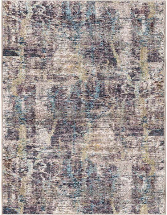A 10 ft runner rug with a multi-colored abstract pattern featuring shades of blue, purple, and yellow on a neutral background, ideal for a hallway.