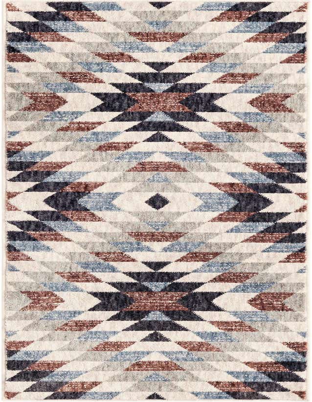A 6 ft runner rug with a multi-colored Southwestern geometric pattern in shades of blue, brown, and cream.