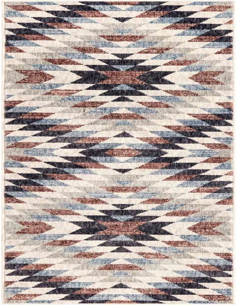 A multi-colored 8 ft runner rug with a Southwestern tribal geometric pattern in shades of blue, brown, black, and white.