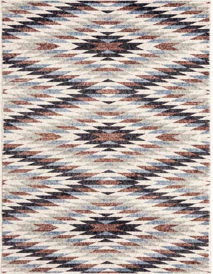 A 12 ft runner rug featuring a Southwestern geometric pattern in multi-colored shades of blue, brown, gray, and cream.