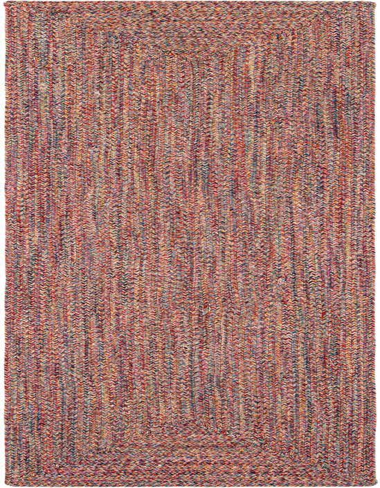 A 10 ft multi-colored runner rug with a modern braided stripe pattern, suitable for a hallway or patio.