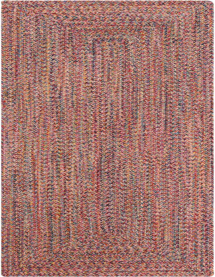 Multi-colored braided runner rug with a modern stripe pattern, made from recycled materials, ideal for a hallway or patio.