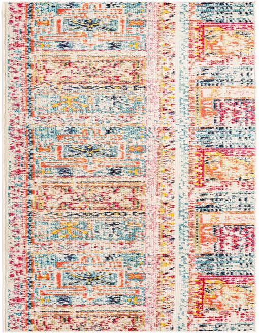 A 10 ft runner rug with a vibrant multi-colored bohemian pattern featuring tribal and geometric motifs on a light background, ideal for a hallway.