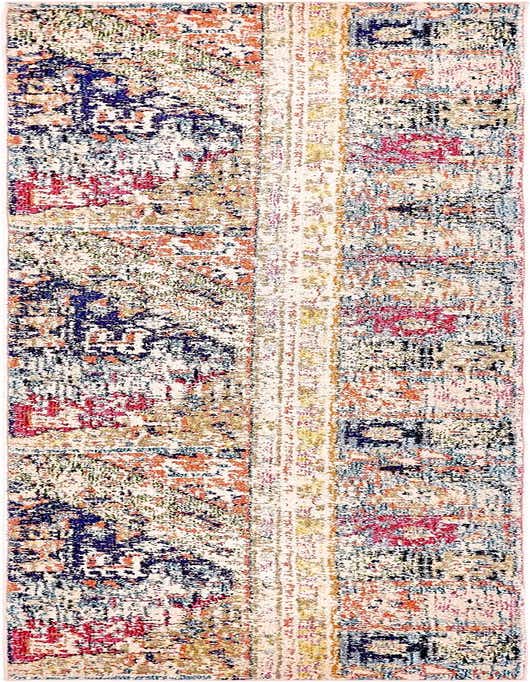 A 10 ft multi-colored runner rug with a distressed Bohemian pattern, featuring shades of red, blue, orange, and yellow.