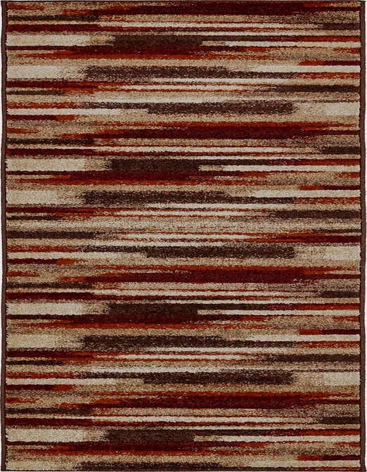 A 10 ft runner rug with an eclectic, modern stripe pattern in shades of brown, beige, and red, perfect for a hallway.