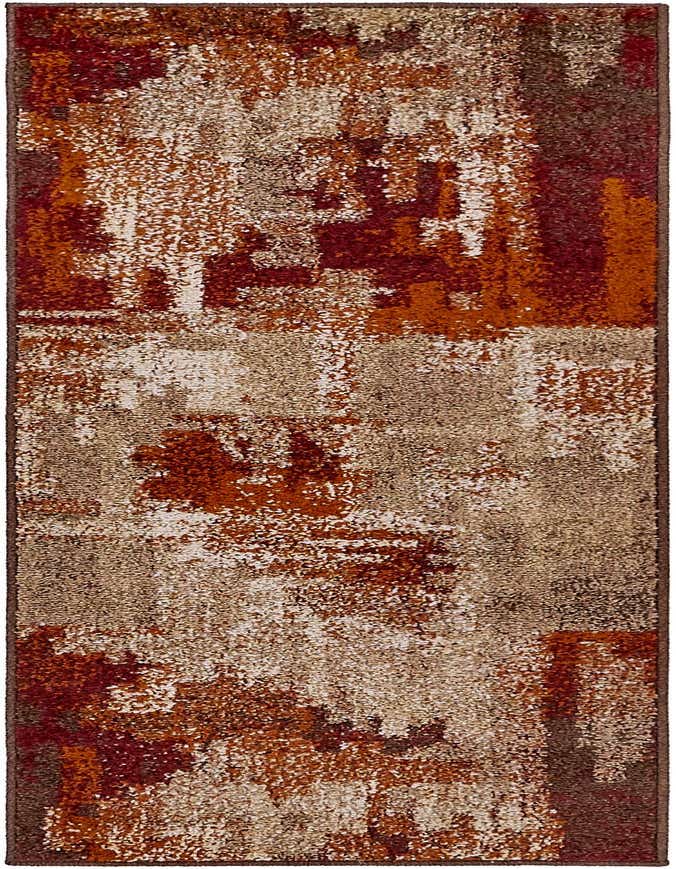 A 6 ft runner rug with an abstract, multi-colored pattern in shades of red, orange, and beige, ideal for a hallway or kitchen.