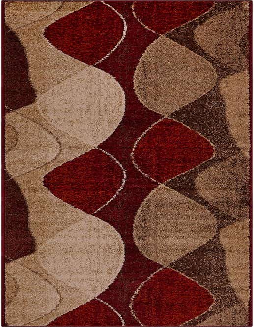A 10 ft runner rug featuring a modern abstract pattern in shades of red, beige, and brown, ideal for a hallway.
