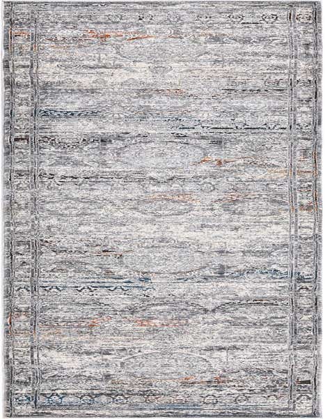 A 12 ft multi-colored runner rug with a distressed modern abstract pattern featuring shades of gray, white, blue, and rust.