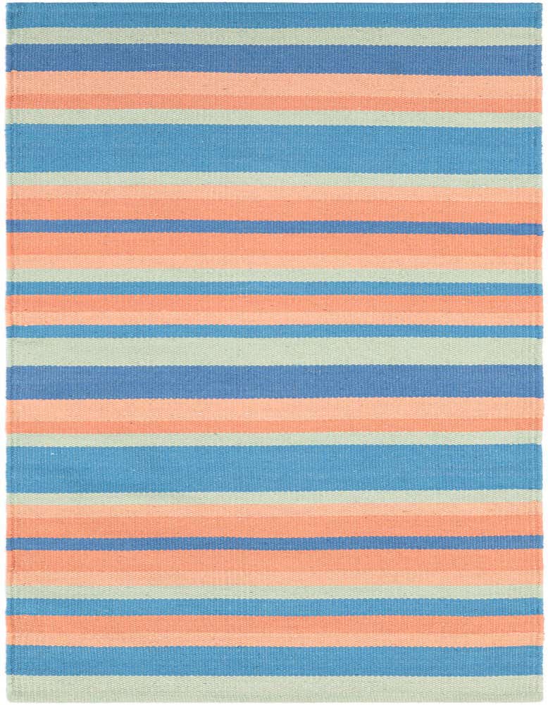 A 5 ft runner rug with horizontal stripes in shades of light blue, coral, and pale green, ideal for a hallway.