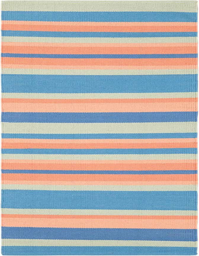 A 6 ft runner rug with horizontal stripes in shades of blue, peach, and light green, showcasing its flatweave texture.