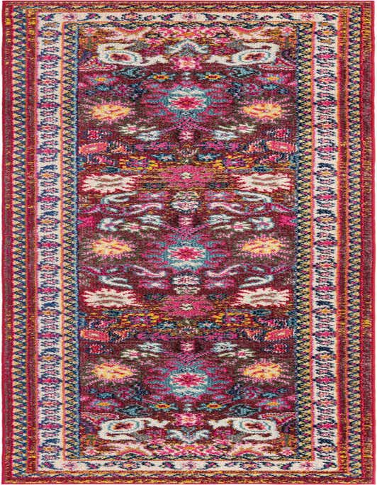A vibrant multi-colored 10 ft runner rug with bohemian floral and traditional patterns, ideal for a hallway.