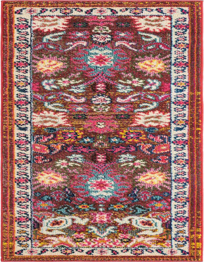 A 7 ft multi-colored runner rug with a vibrant bohemian floral pattern and a decorative border, ideal for a hallway.