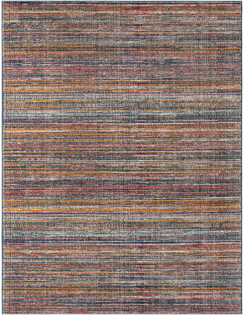 A 16 ft multi-colored runner rug with horizontal stripes in various hues of blue, orange, red, and yellow.