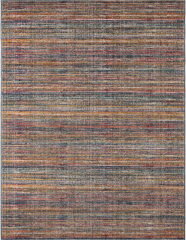 A 20 ft multi-colored runner rug with horizontal stripes in shades of blue, orange, red, and yellow, ideal for a hallway.