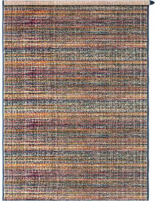 A multi-colored 26 ft runner rug with horizontal stripes in various shades of blue, orange, red, and beige, suitable for a hallway or indoor space.