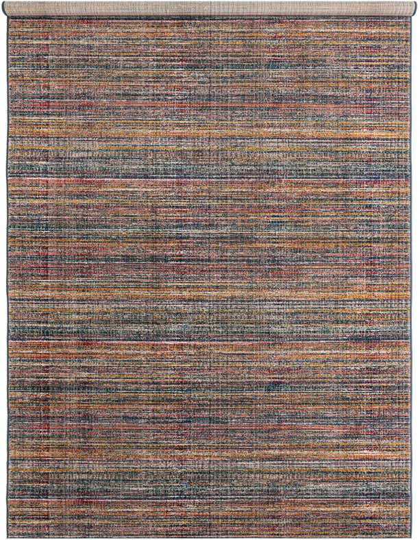 A long, multi-colored runner rug with horizontal stripes in shades of red, orange, yellow, blue, and gray, rolled at one end.