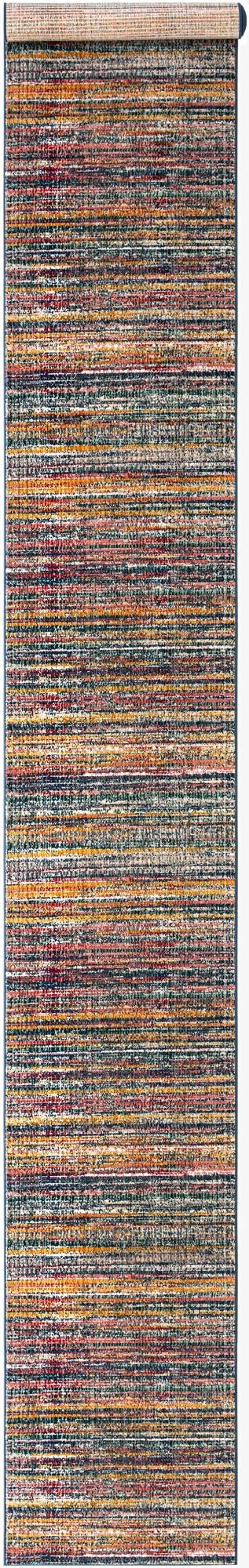 A multi-colored 26 ft runner rug with horizontal stripes in various shades of blue, orange, red, and beige, suitable for a hallway or indoor space.