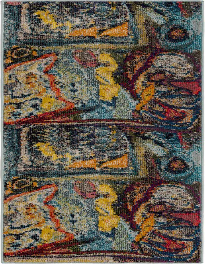 A 6 ft multi-colored runner rug with a modern abstract pattern in shades of blue, yellow, orange, and red.