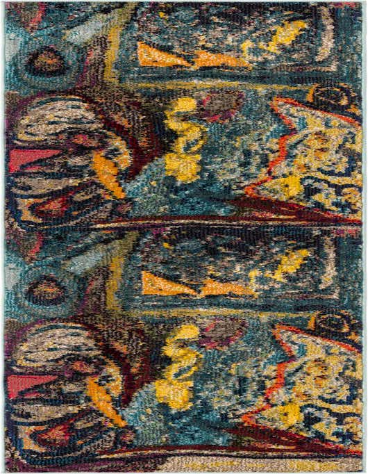 A vibrant 8 ft multi-colored runner rug with an abstract modern pattern, featuring shades of teal, yellow, red, and orange.