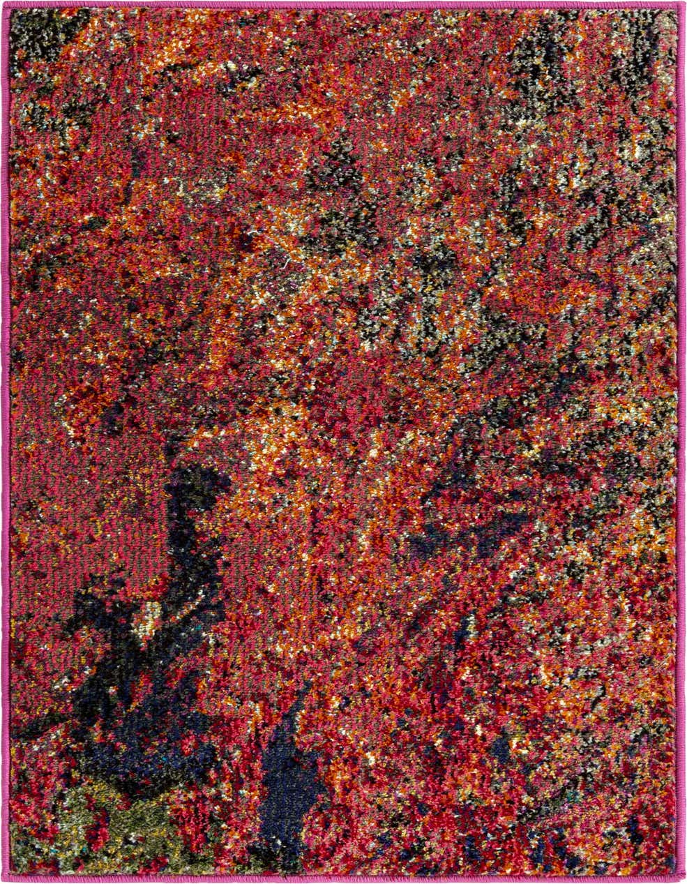 A vibrant 4 ft runner rug with a modern abstract pattern in multi-colored hues of red, orange, pink, black, and hints of green, perfect for a hallway.