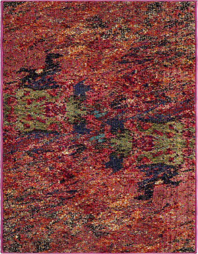 A 6 ft multi-colored modern abstract runner rug with shades of red, green, blue, and black, ideal for a kitchen or hallway.
