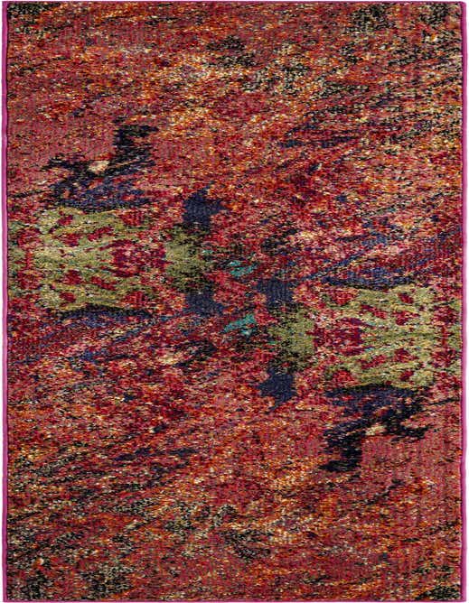 A vibrant 8 ft runner rug with an abstract, multi-colored pattern featuring shades of red, orange, green, and dark blue, ideal for a hallway or kitchen.