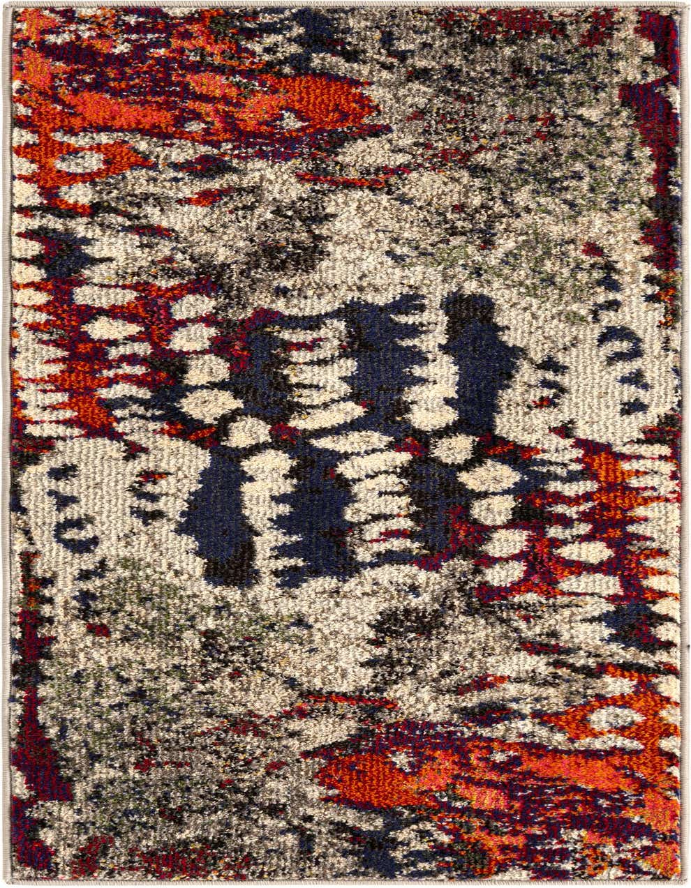 A multi-colored 4 ft runner rug with an abstract modern pattern in red, blue, black, and white tones, suitable for a hallway.