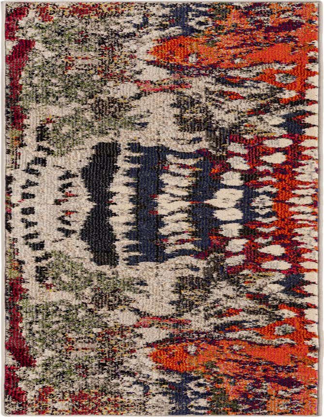 A 6 ft runner rug with a modern abstract pattern in multi-colors, featuring shades of orange, blue, green, and red on a light background, ideal for a hallway or kitchen.