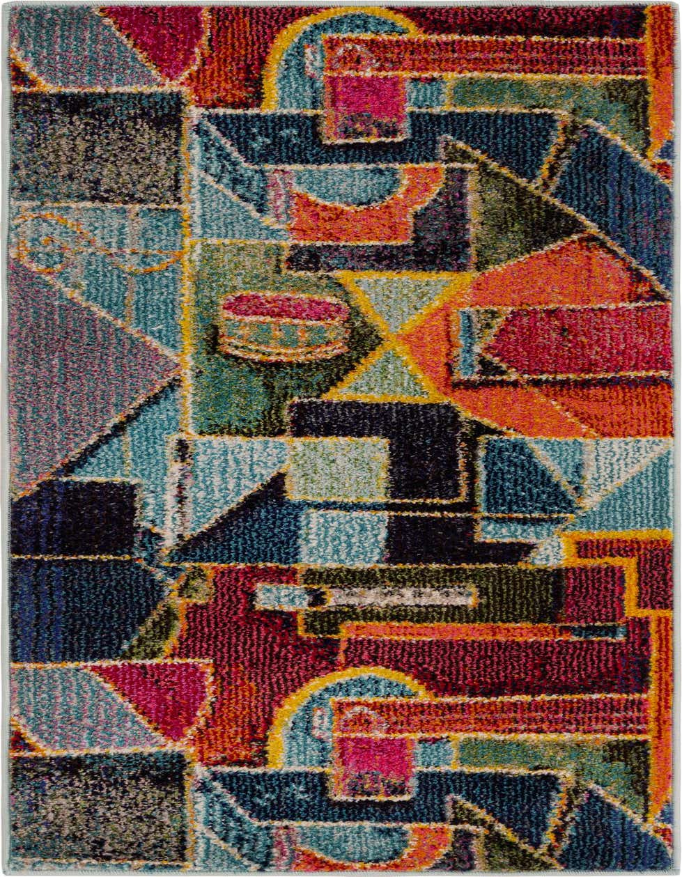 A vibrant multi-colored modern abstract runner rug with geometric shapes in teal, orange, pink, yellow, and navy.
