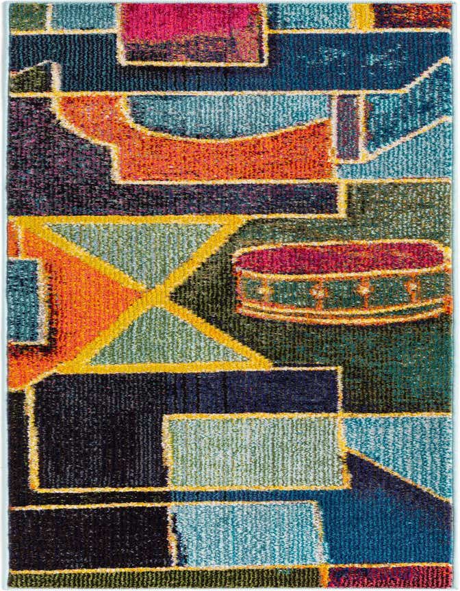 A 6 ft multi-colored runner rug with a modern abstract pattern of geometric shapes in blue, orange, green, pink, and yellow.
