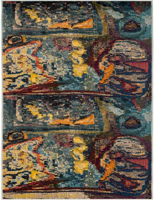 A 10 ft multi-colored abstract runner rug with vibrant yellow, orange, blue, and red hues, ideal for a hallway.