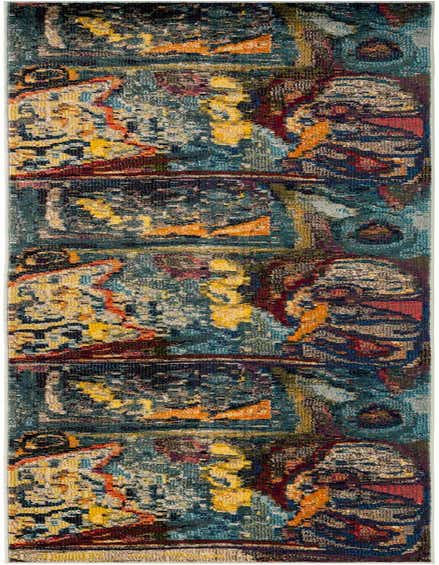 A 12 ft multi-colored runner rug with a modern abstract pattern in shades of blue, yellow, orange, and red, ideal for a hallway.
