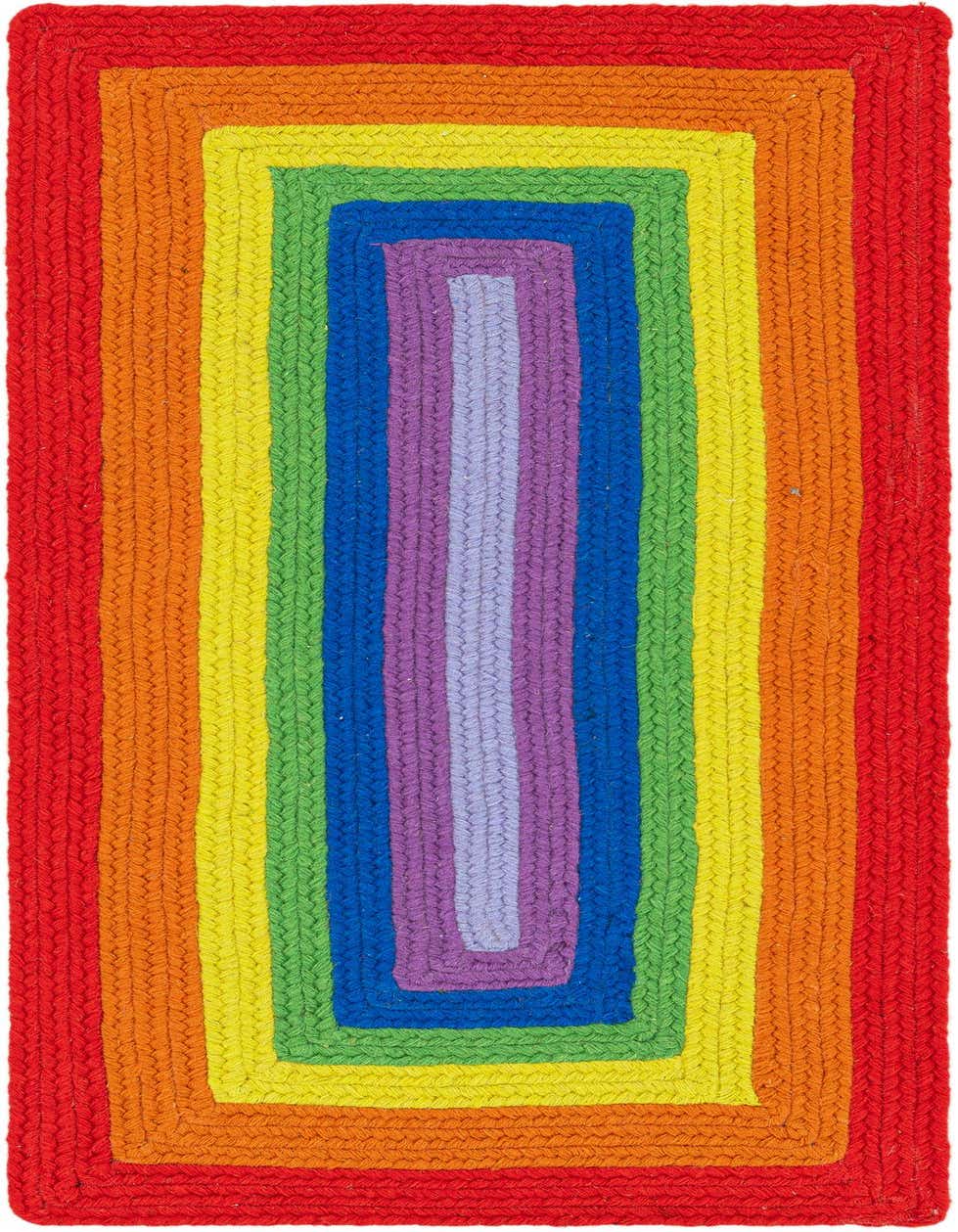 A vibrant 4 ft runner rug featuring a modern, multi-colored braided pattern with concentric rectangles in red, orange, yellow, green, blue, and purple.